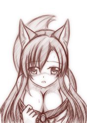 Rule 34 | 1girl, animal ears, bare shoulders, breasts, brooch, cleavage, dress, highres, imaizumi kagerou, jewelry, large breasts, long hair, minaha (playjoe2005), monochrome, sketch, solo, sweat, tail, tears, touhou, traditional media, very long hair, wall-eyed, wolf ears, wolf tail