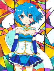 Rule 34 | 1girl, blank stare, blue eyes, blue hair, blue skirt, blush, cape, cowboy shot, detached sleeves, facial scar, gloves, hair between eyes, looking at viewer, magical girl, mahou shoujo madoka magica, mahou shoujo madoka magica (anime), marker (medium), miki sayaka, momokan (mmkn100), parted lips, scar, scar on cheek, scar on face, scar on leg, short hair, skirt, stained glass, traditional media, white cape, white gloves