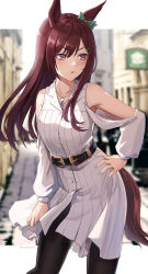 Rule 34 | 1girl, animal ears, aqua nails, armpits, bad id, bad pixiv id, bare shoulders, belt, belt buckle, black pantyhose, blush, bow, brown hair, buckle, casual, clothing cutout, collarbone, contrapposto, cowboy shot, dress, green bow, hair bow, hand on own hip, highres, horse ears, horse girl, horse tail, ironatsuki, jewelry, long hair, long sleeves, looking away, looking to the side, mejiro dober (umamusume), nail polish, necklace, outdoors, outside border, pantyhose, parted lips, photo background, purple eyes, shoulder cutout, solo, standing, tail, umamusume, v-shaped eyebrows, white dress