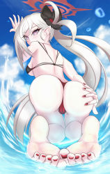 Rule 34 | 1girl, absurdres, ass, ass focus, ass grab, bare shoulders, barefoot, bikini, blue archive, breasts, cameltoe, come hither, deep skin, flower, from behind, from below, g-vi, hair flower, hair ornament, halo, highres, huge ass, long hair, medium breasts, mutsuki (blue archive), nail polish, pointy ears, ponytail, purple eyes, shiny skin, sideboob, smile, solo, swimsuit, very long hair, water, white hair