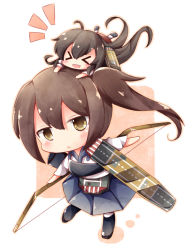 Rule 34 | &gt; &lt;, 10s, 2girls, :&lt;, akagi (kancolle), bow (weapon), brown eyes, brown hair, chibi, chibi on head, closed eyes, gasuto (kamikami), kaga (kancolle), kantai collection, long hair, looking at viewer, multiple girls, muneate, on head, personification, pleated skirt, side ponytail, skirt, weapon