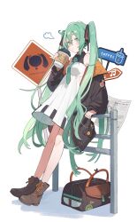 Rule 34 | 1girl, against railing, alternate costume, bare shoulders, black jacket, boots, brown footwear, coffee cup, cup, disposable cup, dress, full body, green eyes, green hair, green nails, hair ribbon, hatsune miku, highres, holding, holding cup, jacket, long hair, long sleeves, looking at viewer, nail polish, newspaper, nuudoru, off shoulder, open clothes, open jacket, piano print, railing, ribbon, short dress, sign, sleeveless, sleeveless dress, solo, standing, twintails, very long hair, vocaloid, white dress