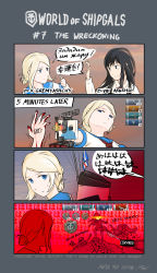 Rule 34 | 4girls, 4koma, asashio (kancolle), bar censor, bismarck (kancolle), black eyes, black hair, blonde hair, blood, blood on hands, blue eyes, cannon, censored, censored violence, comic, commentary, dated, doom (series), english commentary, english text, evil smile, from behind, gameplay mechanics, glowing, glowing eyes, glowing gun barrel, hair bun, highres, kantai collection, long hair, looking back, middle finger, multiple girls, ponytail, red theme, ryan greythorn, sailor collar, shirt, signal flag, single hair bun, skull, smile, striped clothes, striped shirt, telnyashka, text background, thighhighs, thumbs up, torpedo tubes, trembling, world of warships, yamato (kancolle)