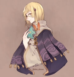 Rule 34 | 1boy, arthur (rune factory), blonde hair, brown background, cape, closed mouth, commentary request, feathers, flower, glasses, grey jacket, hand up, holding, jacket, long sleeves, looking at viewer, male focus, orange eyes, profile, purple cape, rune factory, rune factory 4, semi-rimless eyewear, shiromo (shiro shirooo), short hair, smile, tassel, twitter username, upper body, wide sleeves