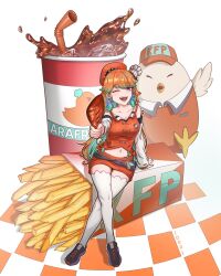 Rule 34 | 1girl, ;d, belt, beret, bird, breasts, checkered floor, chef hat, chicken, cleavage, collarbone, cropped vest, crossed legs, cup, dead 10001, disposable cup, drinking straw, feathers, food, french fries, full body, hat, highres, hololive, hololive english, ice, ice cube, incoming food, kfp, kfp employee (takanashi kiara), kotori (takanashi kiara), large breasts, long hair, midriff, mini hat, miniskirt, multicolored hair, navel, one eye closed, open mouth, orange hair, orange skirt, oversized food, oversized object, purple eyes, shoes, sitting, skirt, smile, sneakers, soda, stomach, streaked hair, takanashi kiara, takanashi kiara (1st costume), thighhighs, turkey leg, very long hair, vest, virtual youtuber, white sleeves, white thighhighs, zettai ryouiki