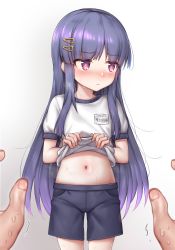 Rule 34 | 1boy, 1girl, blouse, blue hair, blunt bangs, blush, clothes lift, embarrassed, highres, kyoka (real) (princess connect!), kyoka (princess connect!), lifted by self, long hair, pov, princess connect!, purple eyes, shirt, shirt lift, shorts, simple background, sweat, white background, white shirt, yakimi 27