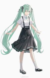 Rule 34 | 1girl, absurdres, ankle socks, black bow, black footwear, black skirt, bow, bowtie, collared shirt, commentary, eyelashes, full body, green bow, green bowtie, green eyes, green hair, hair between eyes, hair bow, hatsune miku, high-waist skirt, highres, long hair, looking ahead, mary janes, medium skirt, ns404, open mouth, pleated skirt, school uniform, shirt, shoes, short sleeves, simple background, skirt, smile, socks, solo, suspenders, symbol-only commentary, t-shirt, teeth, twintails, upper teeth only, very long hair, vocaloid, watermark, weibo logo, weibo watermark, white background, white shirt, white sleeves, white socks
