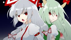 Rule 34 | 2girls, back-to-back, black background, bow, commentary request, dress, ex-keine, fujiwara no mokou, full moon, futoumeido, green dress, green hair, grey hair, hair bow, horn bow, horn ornament, horns, juliet sleeves, kamishirasawa keine, long hair, long sleeves, looking at viewer, moon, multiple girls, open mouth, puffy sleeves, red bow, red eyes, shirt, short sleeves, touhou, upper body, white shirt