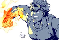 Rule 34 | 1boy, blue eyes, clenched hand, flaming hand, jojo no kimyou na bouken, jonathan joestar, male focus, monochrome, muscular, open mouth, signature, solo, spot color, upper body, wasabu