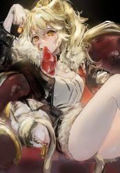 Rule 34 | 1girl, animal ears, arknights, bare legs, black jacket, black shorts, blonde hair, breasts, candy, cleavage, commentary, feet out of frame, food, food in mouth, fur-trimmed jacket, fur-trimmed shorts, fur trim, gawako, highres, jacket, leather, leather jacket, lion ears, lollipop, long hair, long sleeves, on chair, ponytail, shorts, siege (arknights), sitting, solo, steak, symbol-only commentary, thighs, white hair, yellow eyes