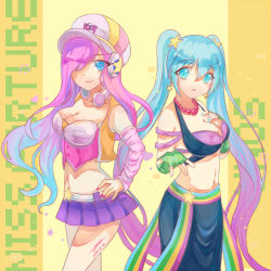 Rule 34 | 2girls, alternate costume, alternate hair color, arcade miss fortune, arcade sona, blue eyes, blue hair, breasts, cleavage, detached sleeves, fingerless gloves, gloves, hair over one eye, huayue, large breasts, league of legends, long hair, midriff, miniskirt, multiple girls, navel, open mouth, pink hair, miss fortune (league of legends), skirt, sona (league of legends), twintails, very long hair, wavy hair