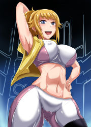 Rule 34 | 1girl, abs, arm up, armpits, blue eyes, breasts, brown hair, cameltoe, covered erect nipples, female focus, gradient background, gundam, gundam build fighters, gundam build fighters try, hand on own hip, hoshino fumina, large breasts, navel, nipples, open mouth, puripuri jet, smile, solo, standing, thick thighs, thighs, toned