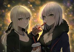 Rule 34 | 2girls, alternate hairstyle, artoria pendragon (all), artoria pendragon (fate), backlighting, black dress, black ribbon, blonde hair, blue coat, blurry, blurry background, blush, breasts, bubble tea, cleavage, coat, cup, disposable cup, dress, drinking straw, fate/grand order, fate (series), fur trim, hair ribbon, highres, hood, hood down, hoodie, jeanne d&#039;arc (fate), jeanne d&#039;arc alter (fate), jeanne d&#039;arc alter (ver. shinjuku 1999) (fate), jewelry, kumaartsu, low ponytail, medium breasts, medium hair, multiple girls, necklace, night, official alternate costume, open clothes, open coat, open hoodie, pixiv fate/grand order contest 1, ribbon, saber alter, saber alter (ver. shinjuku 1999) (fate), short hair, silver hair, standing, upper body, wicked dragon witch ver. shinjuku 1999, yellow eyes