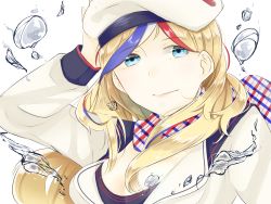 Rule 34 | 10s, 1girl, absurdres, bad id, bad pixiv id, beret, blonde hair, blue eyes, blue hair, breasts, buttons, cleavage, commandant teste (kancolle), double-breasted, hat, highres, jacket, kantai collection, long hair, looking at viewer, multicolored hair, nao1, red hair, scarf, solo, streaked hair, white hair