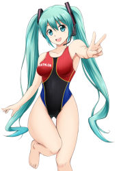 Rule 34 | 1girl, :d, alternate costume, aqua eyes, aqua hair, arm at side, barefoot, blush, clothes writing, collarbone, competition swimsuit, eyebrows, fuuma nagi, gluteal fold, hatsune miku, headphones, headset, long hair, looking at viewer, microphone, one-piece swimsuit, open mouth, outstretched arm, smile, solo, swimsuit, thigh gap, twintails, v, very long hair, vocaloid