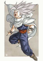 Rule 34 | 1boy, blue jumpsuit, bracelet, cape, character request, clenched hand, dragon ball, highres, jewelry, jumpsuit, kakeru (dbskakeru), looking at viewer, open mouth, red eyes, simple background, solo, spiked hair, teeth, toriyama akira (style), white cape, white hair