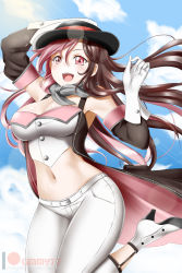 Rule 34 | 1girl, blue sky, boots, breasts, brown hair, cleavage, cloud, gloves, hair between eyes, hat, high heel boots, high heels, highres, hip focus, jumping, kimmy77, lens flare, long hair, midriff, multicolored hair, navel, neo politan, open mouth, panties, pants, pink eyes, rwby, sky, smile, solo, split-color hair, teeth, tight clothes, tight pants, underwear, white gloves