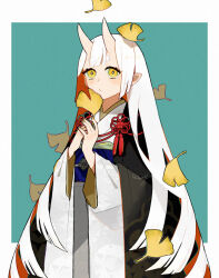 Rule 34 | 1girl, :/, blue background, bright pupils, closed mouth, colored inner hair, ginkgo leaf, hands up, horns, japanese clothes, kimono, leaf, long hair, long sleeves, looking at viewer, multicolored hair, obi, orange hair, original, pointy ears, sash, short eyebrows, simple background, skin-covered horns, solo, standing, twitter username, upper body, very long hair, white hair, white pupils, wide sleeves, yellow eyes, yotsu kado