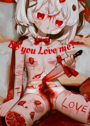Rule 34 | 1girl, amputee, bandaid, bandaid on face, bleeding, blood, cake, choker, cuts, english text, expressionless, flat chest, food, food-themed hair ornament, frilled choker, frills, fruit, guro, hair ornament, highres, holding, holding knife, injury, knife, looking at viewer, mercure 1104, original, panties, red eyes, red ribbon, ribbon, ribbon choker, self-harm, solo, strawberry, strawberry hair ornament, topless, underwear, white hair, white panties
