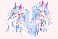 Rule 34 | 1girl, 27520104109728, absurdres, bikini, blue archive, blue bikini, blue hair, blush, chise (blue archive), dual persona, flower, hair flower, hair ornament, happy, highres, long bangs, long hair, looking at viewer, oni, pink eyes, side ponytail, simple background, solo, swimsuit, upper body