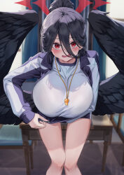 Rule 34 | 1girl, absurdres, bare legs, black hair, black wings, blue archive, blush, breasts, feathered wings, feet out of frame, gym shirt, gym uniform, hair between eyes, halo, hasumi (blue archive), hasumi (track) (blue archive), highres, huge breasts, jacket, leaning forward, looking at viewer, official alternate costume, ponytail, red eyes, rnjs4967, shirt, solo, track jacket, whistle, whistle around neck, wings