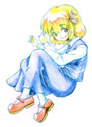 Rule 34 | 1girl, bad id, bad pixiv id, blonde hair, fang, feconf, female focus, fetal position, full body, lying, mary janes, on side, pantyhose, rumia, shoes, smile, solo, touhou, traditional media