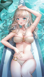 Rule 34 | 1girl, :d, absurdres, arm up, bare arms, bare shoulders, bikini, blue eyes, blue hair, blue nails, blush, breasts, cleavage, collarbone, earrings, fang, fish, hair ornament, hand on own stomach, highres, jewelry, knee up, large breasts, long hair, looking at viewer, lying, multicolored hair, nail polish, o-ring, o-ring bikini, o-ring bottom, on back, open mouth, original, shark, signature, smile, solo, strapless, strapless bikini, streaked hair, surfboard, swimsuit, water, white bikini, white hair, wol (wol 927), x hair ornament