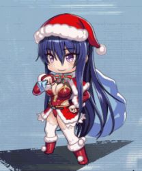 Rule 34 | 1girl, akiyama rinko, animated, animated gif, blue hair, blush, boots, bouncing breasts, breasts, chibi, christmas, cleavage, cleavage cutout, clothing cutout, full body, gloves, hat, large breasts, leotard, lilith-soft, long hair, looking to the side, lowres, purple eyes, red leotard, santa hat, simple background, smile, standing, taimanin (series), taimanin rpgx, taimanin yukikaze, thong leotard, very long hair
