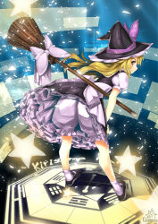 Rule 34 | 1girl, bent over, black dress, blonde hair, bloomers, bow, broom, broom ribbon, commentary request, dress, hat, hat bow, kirisame marisa, looking at viewer, looking back, puffy short sleeves, puffy sleeves, shirt, short sleeves, smile, solo, star (symbol), touhou, umigarasu (kitsune1963), underwear, upskirt, witch hat