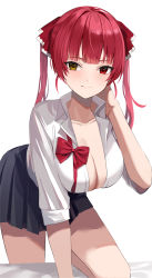 Rule 34 | 1girl, :p, alternate costume, black skirt, blunt bangs, bow, bowtie, breasts, closed mouth, collarbone, hair ribbon, heterochromia, highres, hololive, houshou marine, large breasts, leaning forward, long hair, miniskirt, on one knee, pleated skirt, red bow, red bowtie, red eyes, red hair, red ribbon, ribbon, school uniform, shirt, simple background, skirt, smile, solo, thighs, tongue, tongue out, twintails, untied, virtual youtuber, white background, white shirt, yellow eyes, yuzu-aki
