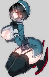 Rule 34 | 10s, 1girl, bad anatomy, bad id, bad twitter id, black gloves, black hair, black thighhighs, breasts, cleavage, female focus, garter straps, gloves, grey background, hat, highres, hohehohe, kantai collection, kneeling, large breasts, looking at viewer, open clothes, red eyes, short hair, simple background, solo, takao (kancolle), thighhighs