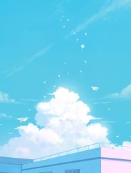 Rule 34 | bad id, bad pixiv id, blue sky, blue theme, building, cloud, commentary request, highres, mige shijiu, no humans, original, outdoors, paper airplane, scenery, sky, summer