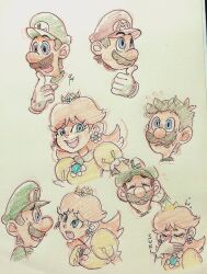 Rule 34 | 1girl, 2boys, blue eyes, blush, brown hair, crown, dress, earrings, facial hair, flower earrings, gloves, grin, hat, highres, jewelry, looking at viewer, luigi, mario, mario (series), multiple boys, mustache, nervous, nintendo, open mouth, orange dress, overalls, princess daisy, puffy short sleeves, puffy sleeves, short sleeves, smile, super mario bros. 1, super mario land, sweat, sweatdrop