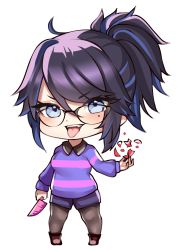 Rule 34 | 1girl, absurdres, black hair, blue eyes, chibi, commentary request, cosplay, frisk (undertale), frisk (undertale) (cosplay), full body, glasses, highres, holding, holding knife, holding weapon, indie virtual youtuber, knife, kson, looking at viewer, mole, mole under eye, nyctea snow, open mouth, purple sweater, solo, souchou, striped clothes, striped sweater, sweater, tongue, tongue out, undertale, virtual youtuber, weapon, wing collar