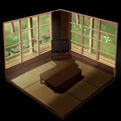 Rule 34 | commentary request, flat screen tv, grass, highres, indoors, kuro kosyou, no humans, original, scenery, shadow, table, television, window