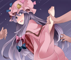 Rule 34 | 1girl, blush, capelet, commentary request, crescent, hammer (sunset beach), hat, long hair, multiple hands, open mouth, patchouli knowledge, purple eyes, purple hair, robe, solo focus, touhou, very long hair