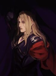 Rule 34 | 1boy, 1other, 888beru, black coat, blonde hair, cape, cloak, coat, commentary, covering own eyes, expressionless, final fantasy, final fantasy xiv, forehead jewel, from side, garlean, hands on own face, highres, jewelry, long hair, looking ahead, male focus, pendant, pink eyes, purple cloak, reaper (final fantasy), red cape, upper body, voidsent, zenos yae galvus