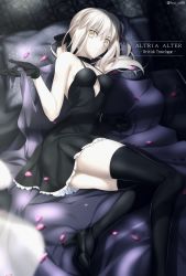 1girl, absurdres, artoria pendragon (all), bangs, bed sheet, black choker, black dress, black footwear, black gloves, black legwear, black ribbon, blurry, blurry foreground, breasts, character name, choker, cleavage, closed mouth, collarbone, dress, fate/stay night, fate (series), foo (pixiv54892036), from above, frown, gloves, hair between eyes, hair ribbon, high heels, highres, long hair, looking at viewer, lying, medium breasts, on side, pillow, pleated dress, ponytail, pumps, ribbon, saber alter, short dress, sideboob, silver hair, sleeveless, sleeveless dress, solo, thighhighs, twitter username, yellow eyes