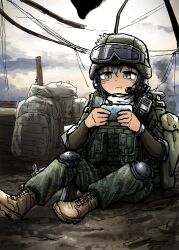 Rule 34 | 1girl, absurdres, backpack, bag, blue eyes, body armor, boots, cellphone, combat boots, combat helmet, goggles, goggles on head, helmet, highres, holding, holding phone, military, on ground, original, phone, playing games, radio, sitting, tactical clothes, unworn backpack, unworn bag, watch, yihan1949, yihan world