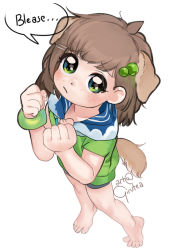 Rule 34 | 1girl, ahoge, animal ears, arms up, artist name, bare shoulders, barefoot, begging, blue eyes, blue hood, blue shorts, blush, brown fur, brown hair, child, clenched hand, clenched hands, closed mouth, cloud, cloud print, dog ears, dog girl, dog tail, ears, english text, eyelashes, feet, female focus, fingernails, freckles, frown, full body, girutea, green eyes, green hair ornament, green shirt, green wristband, hair ornament, hairclip, hands up, heels, highres, hood, hoodie, indie virtual youtuber, legs, lily hopkins, looking at viewer, medium hair, messy hair, multicolored clothes, multicolored eyes, multicolored shirt, neck, nose, pleading, raised eyebrows, shiny skin, shirt, shorts, signature, simple background, solo, speech bubble, standing, striped clothes, striped hoodie, tail, thighs, tiptoes, toenails, virtual youtuber, white background, white hood, white stripes, wristband