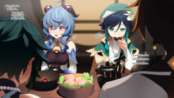 Rule 34 | !?, 1girl, 3boys, abbystea, ahoge, alcohol, bare shoulders, bell, blue hair, blurry, blurry background, bowl, braid, breasts, cape, cowbell, detached sleeves, drinking, earrings, english text, flower, food, ganyu (genshin impact), genshin impact, gloves, goat horns, gradient hair, green eyes, green hair, green headwear, hair between eyes, hair flower, hair ornament, hat, highres, horns, jewelry, long sleeves, medium breasts, multicolored hair, multiple boys, open mouth, shirt, tears, twin braids, venti (genshin impact), white shirt, xiao (genshin impact), zhongli (genshin impact)