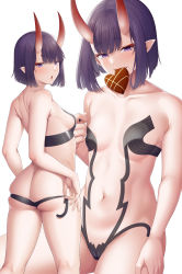 Rule 34 | 1girl, absurdres, ao banana, ass, back, bare shoulders, bob cut, box, breasts, collarbone, eyeliner, fate/grand order, fate (series), gift, gift box, heart-shaped box, highres, horns, looking at viewer, looking back, makeup, mouth hold, multiple views, navel, oni, open mouth, pointy ears, purple eyes, purple hair, revealing clothes, short hair, shuten douji (fate), skin-covered horns, small breasts, smile
