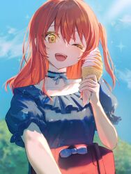 Rule 34 | 1girl, ;d, blue dress, blurry, blurry background, bocchi the rock!, choker, collarbone, day, dekalco, depth of field, dress, food, hair between eyes, hand up, highres, holding, holding food, ice cream, kita ikuyo, long hair, looking at viewer, one eye closed, one side up, open mouth, outdoors, puffy short sleeves, puffy sleeves, red bag, red hair, ribbon-trimmed choker, short sleeves, smile, soft serve, solo, yellow eyes