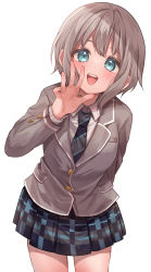 Rule 34 | 1girl, :d, aoba moca, arms behind back, bad id, bad pixiv id, bang dream!, bare legs, blazer, blue eyes, blue necktie, blue skirt, blush, breasts, collared shirt, cowboy shot, dress shirt, eyebrows hidden by hair, grey hair, grey jacket, hand to own mouth, haneoka school uniform, highres, jacket, leaning forward, long sleeves, looking at viewer, medium breasts, miniskirt, necktie, open mouth, plaid, plaid skirt, pleated skirt, school uniform, shirt, short hair, sidelocks, skirt, smile, solo, standing, striped necktie, tareme, teeth, tgxmiki, thighs, upper teeth only, white background, white shirt, wing collar