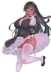 Rule 34 | 1girl, black dress, black footwear, black hair, blush, bow, breasts, closed mouth, commission, curvy, dark-skinned female, dark skin, dress, foot out of frame, frilled dress, frills, hair bow, hair ornament, hair over one eye, hairclip, hands on own chest, highres, huge breasts, leg up, long hair, long sleeves, looking at viewer, one eye covered, original, plump, red eyes, shoes, simple background, smile, solo, standing, suerte, thighhighs, thighs, white background, white thighhighs