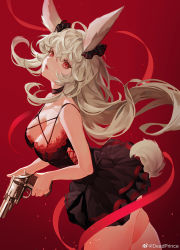 1girl absurdres animal_ears bare_arms black_choker black_dress blonde_hair breasts choker deadprince dress gun handgun highres holding holding_gun holding_weapon long_hair looking_at_viewer medium_breasts open_mouth original rabbit_ears rabbit_girl rabbit_tail red_background red_eyes red_ribbon revolver ribbon sleeveless sleeveless_dress solo tail very_long_hair weapon