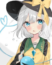 Rule 34 | 1girl, black hat, blouse, blue eyes, blue nails, blush, breasts, collarbone, collared shirt, commentary request, crying, crying with eyes open, eyeball, frilled shirt collar, frilled sleeves, frills, grey hair, hat, hat ribbon, head tilt, heart, heart of string, highres, komeiji koishi, long sleeves, looking at viewer, nail polish, open mouth, ribbon, shirt, sleeves past wrists, small breasts, solo, tears, third eye, touhou, upper body, yellow ribbon, yellow shirt, yumeno ruruka