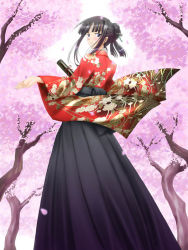 Rule 34 | 1girl, black hair, blue eyes, blush, cherry blossoms, diploma, dress, floral print, from behind, hair ornament, hakama, hakama skirt, japanese clothes, kimono, looking at viewer, looking back, meiji schoolgirl uniform, original, over shoulder, petals, pin.x, print dress, print kimono, sidelocks, skirt, smile, solo, standing, tree, tube, wind