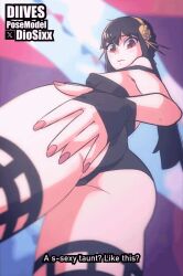 Rule 34 | 1girl, animated, animated gif, artist name, ass, ass focus, ass grab, bare shoulders, black dress, black gloves, black hair, black panties, black thighhighs, commentary, diives, dress, embarrassed, english commentary, english text, female focus, fingerless gloves, from behind, gloves, gluteal fold, gold hairband, grabbing own ass, hairband, highres, huge filesize, long hair, looking at viewer, nail polish, panties, pink nails, presenting, red eyes, sidelocks, sleeveless, sleeveless dress, solo, spread ass, spy x family, thighhighs, underwear, yor briar