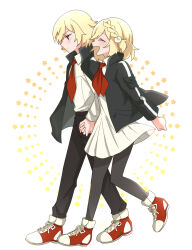 Rule 34 | 1boy, 1girl, black jacket, black leggings, black pants, blonde hair, braid, brother and sister, closed mouth, collared shirt, dress, enkichi totan, facing to the side, full body, highres, holding hands, jacket, leggings, lily regret, long sleeves, matching outfits, necktie, open mouth, pants, re:quiem, red eyes, red footwear, red necktie, rosario (re:quiem), shirt, shoes, short hair, siblings, smile, sneakers, twins, white dress, white shirt